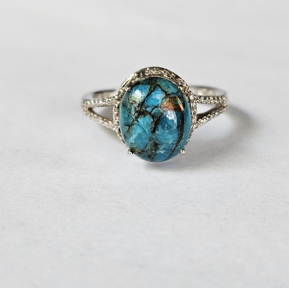 Gorgeous Copper Matrix Turquoise Ring Platinum over Sterling Silver Sz 9!